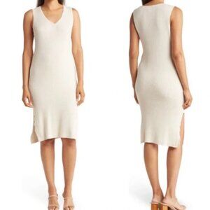 Magaschoni Beige V Neck Ribbed Knit Sweater Tank Dress Midi Bodycon Sz M $68.00